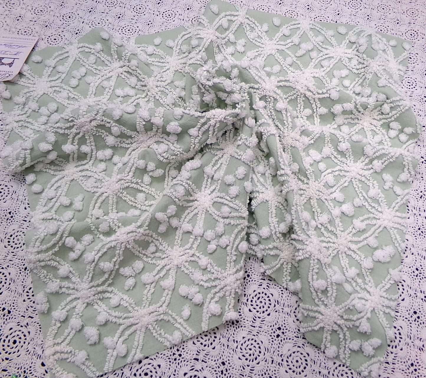 Vintage Sage Green Chenille Bedspread Fabric, Shabby Wedding Ring Pop 18x24" Quilting Material
