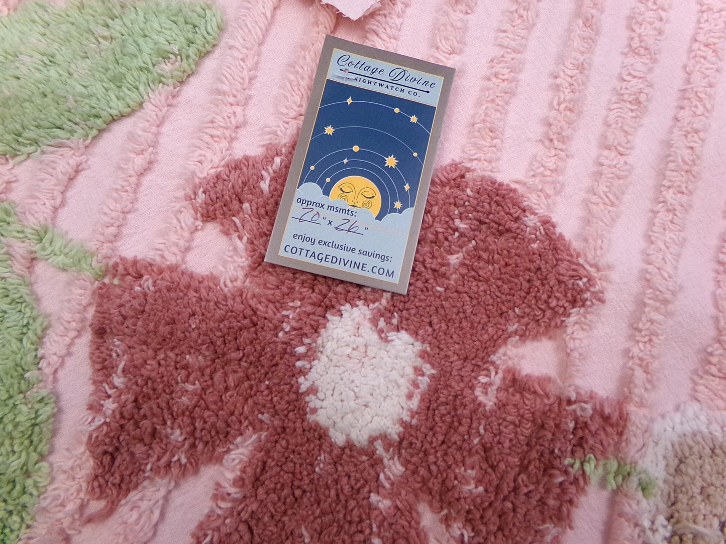 Vintage Chenille Bedspread Fabric, Pink Tufted Climbing Florals, 20" x 26" piece