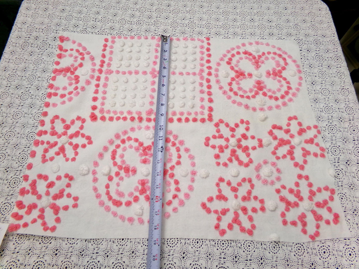 Vintage Pink White Chenille Fabric 4-Block Geometric Floral Sampler 18" x 23" Panel
