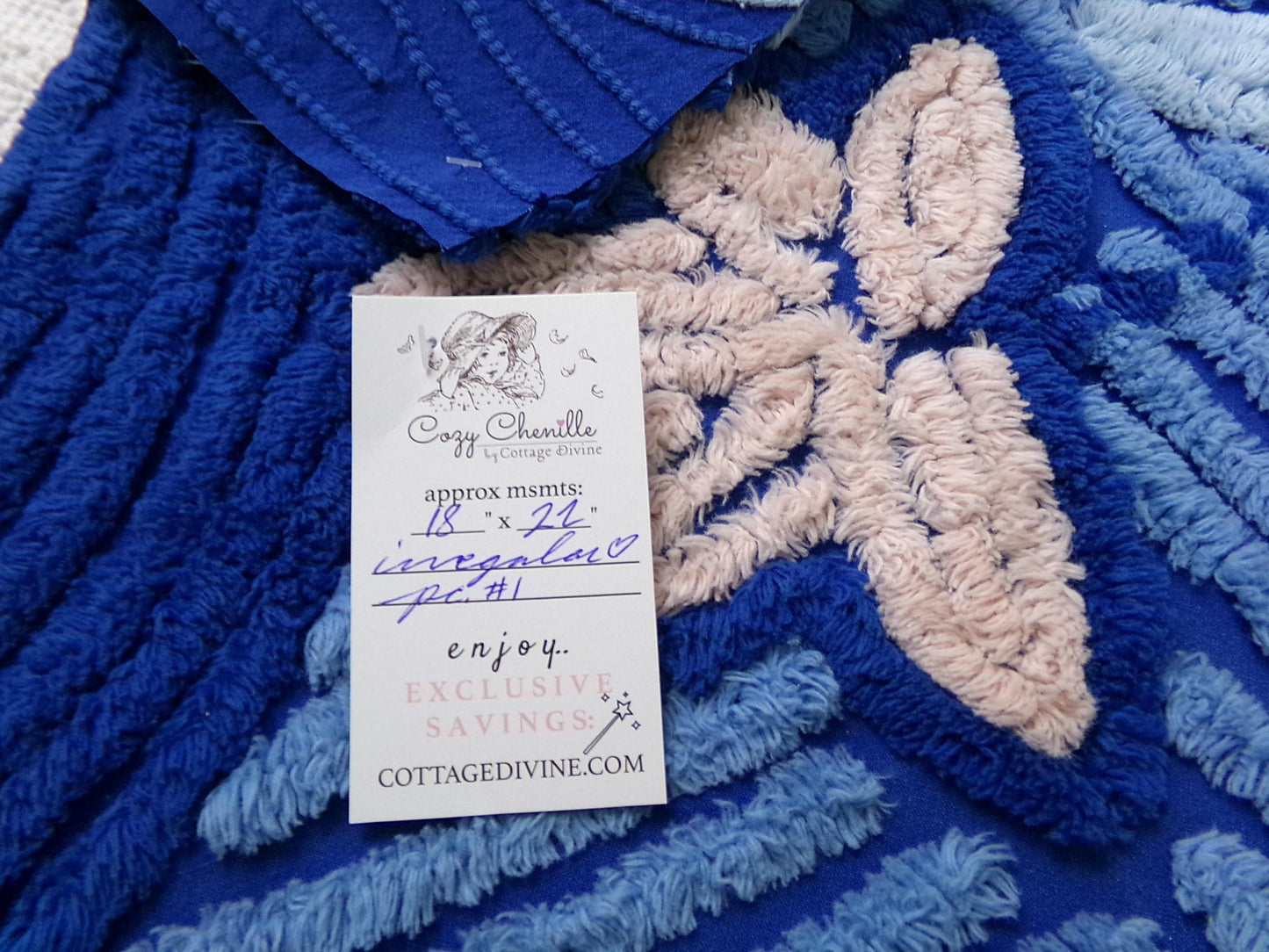 mystical blue vintage chenille bedspread fabric, plush lux star lily florals, 18" x 22" piece