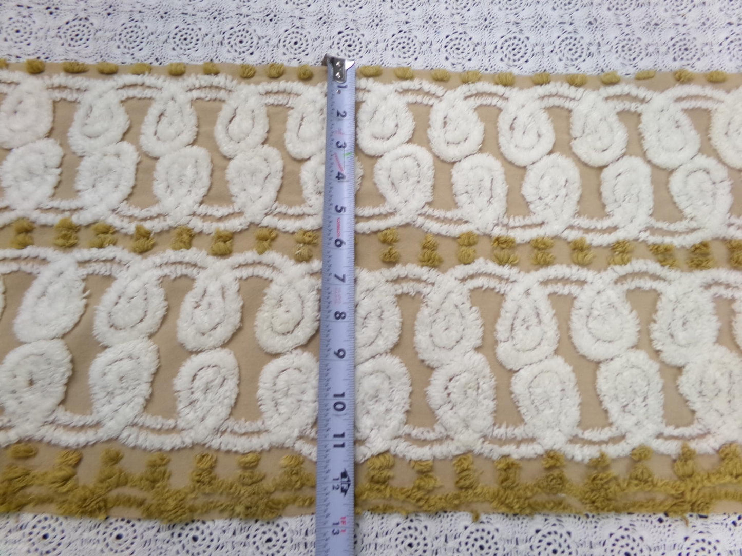 Vintage Chenille Fabric, Creamy Caramel White Dot Swirl Design 12x38" Pc