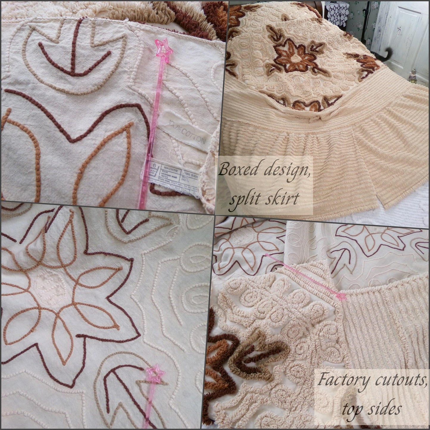 hazelnut coffee floral vintage chenille bedspread, full size luxury bedding with an integrated skirt, boxed & fitted design, boho retreat