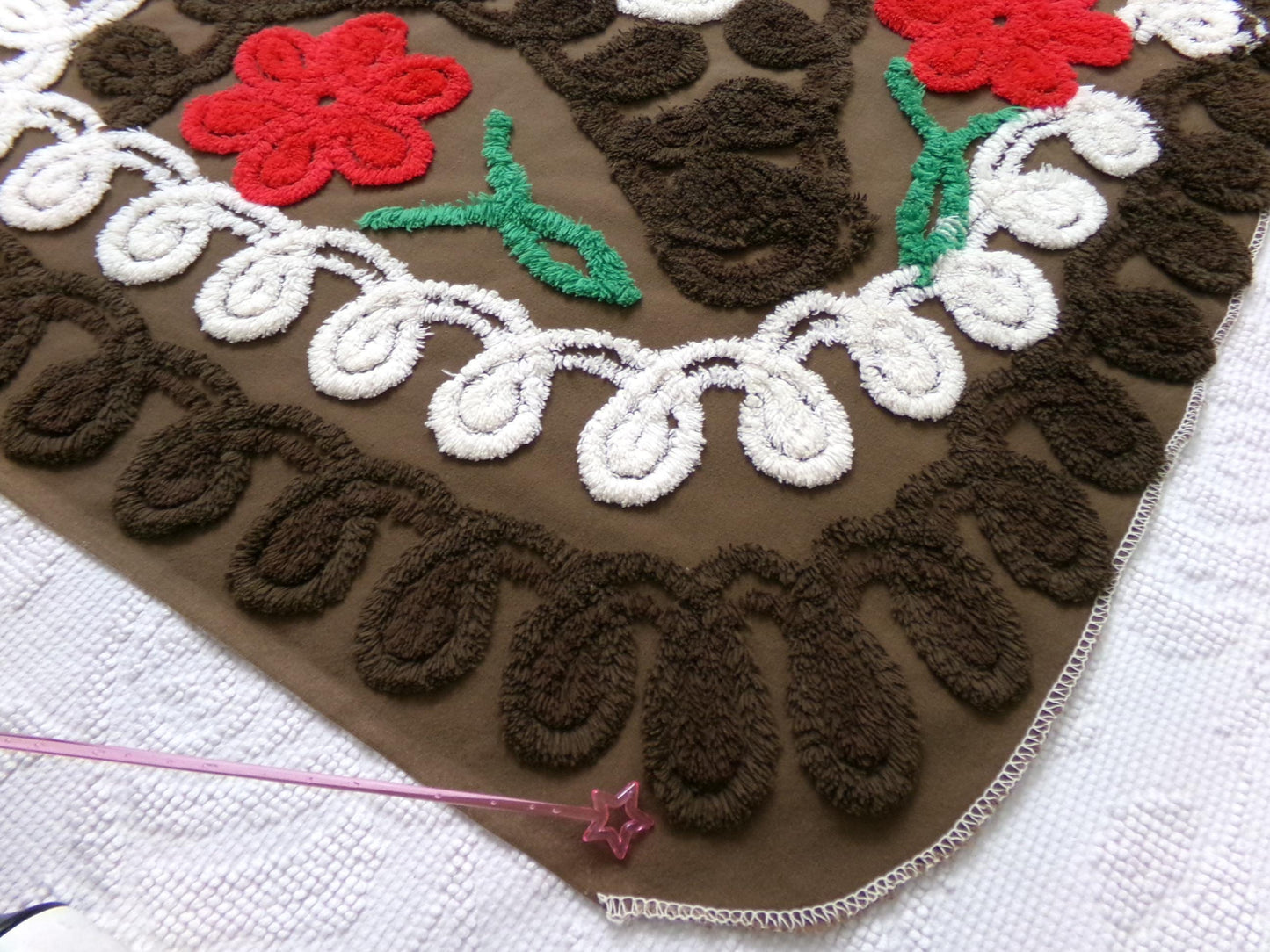 Chocolate Brown Vintage Chenille Bedspread Fabric, cherry red flowers & white swirls sewing material, 20" x 24"