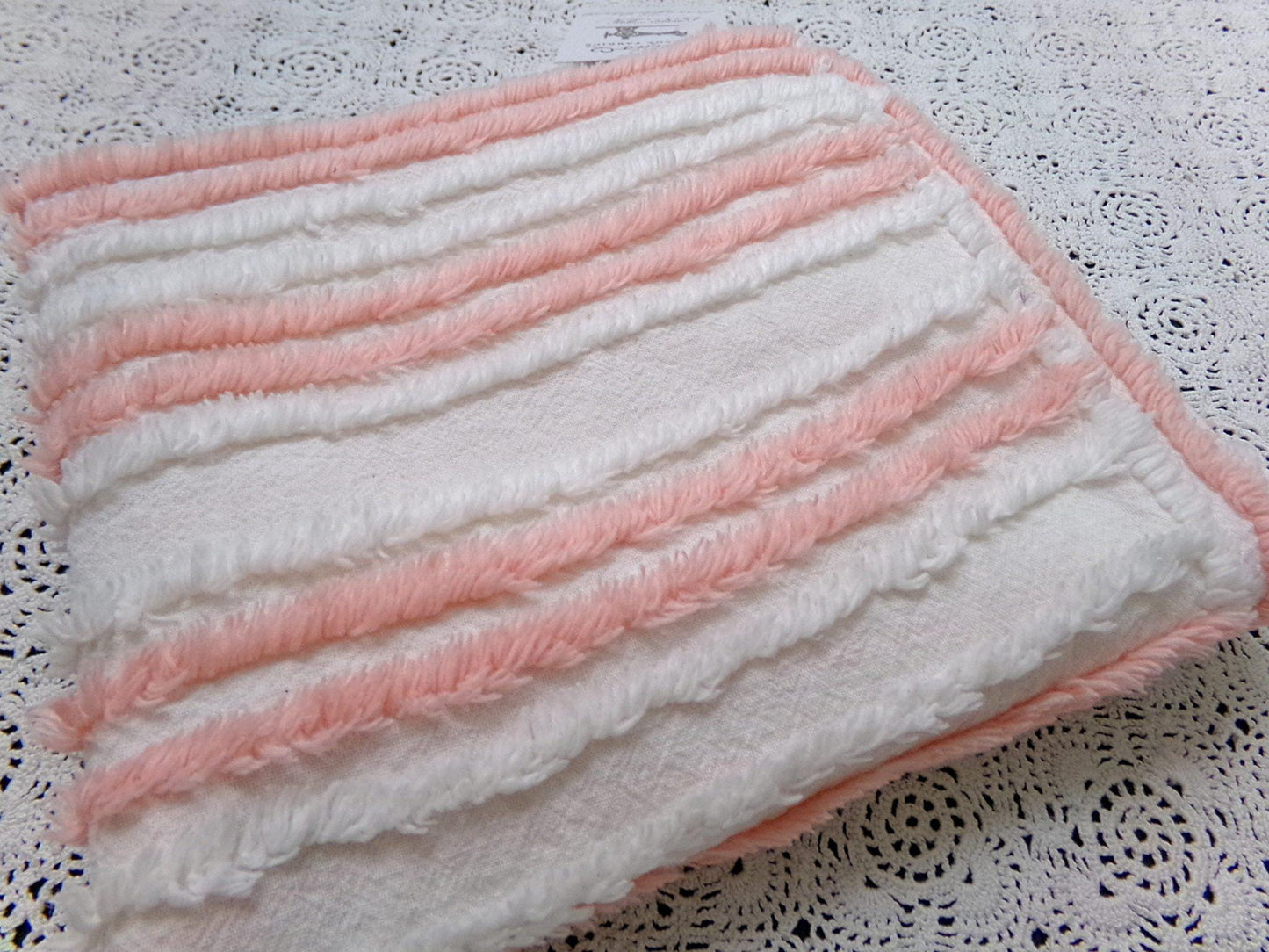 vintage chenille bedspread fabric summer peach white stripes 15.5x29" piece
