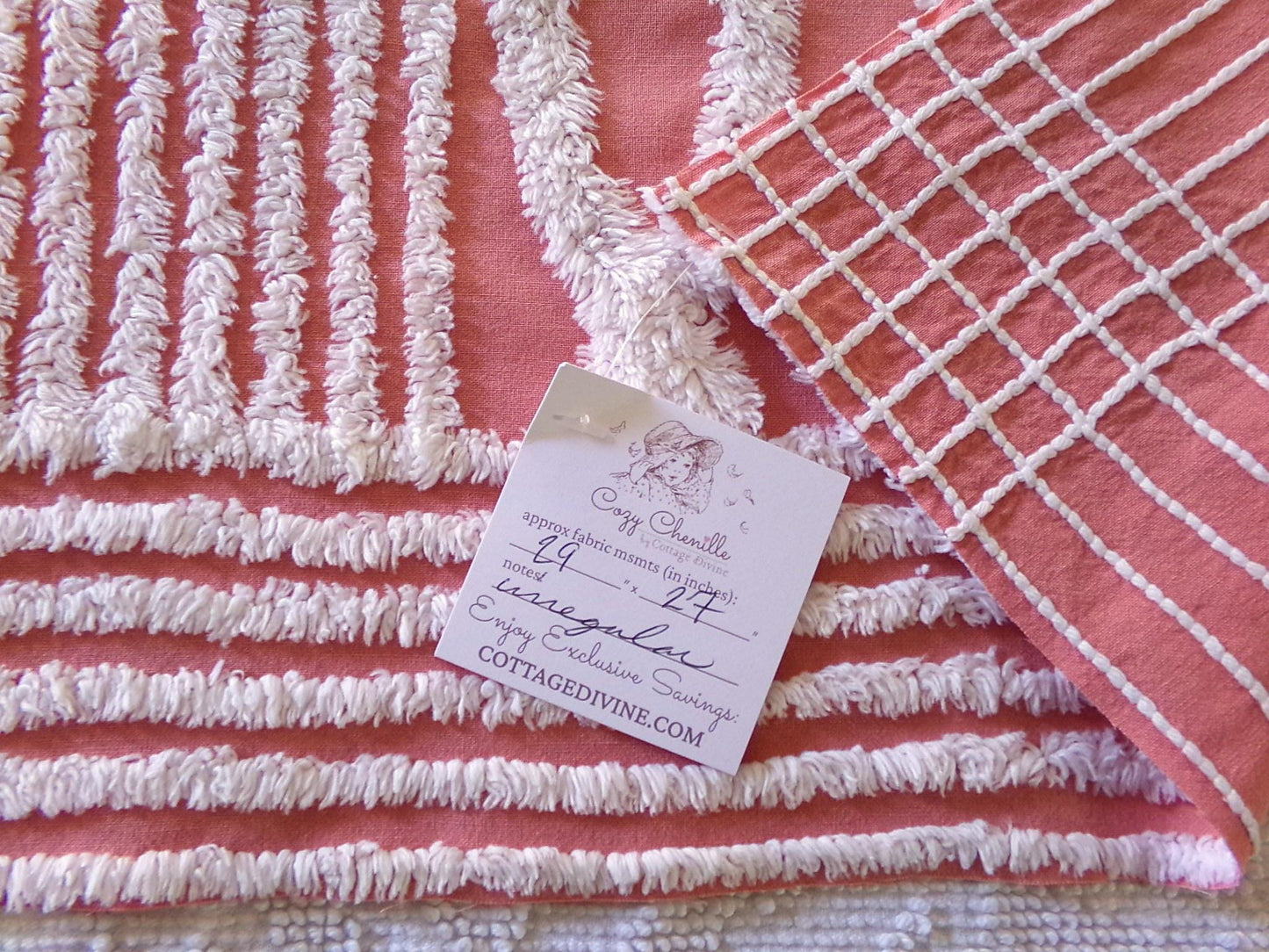 Warm Terracotta Rose Vintage Chenille Fabric, 29" x 27" Inch Piece, White Geometric Designs