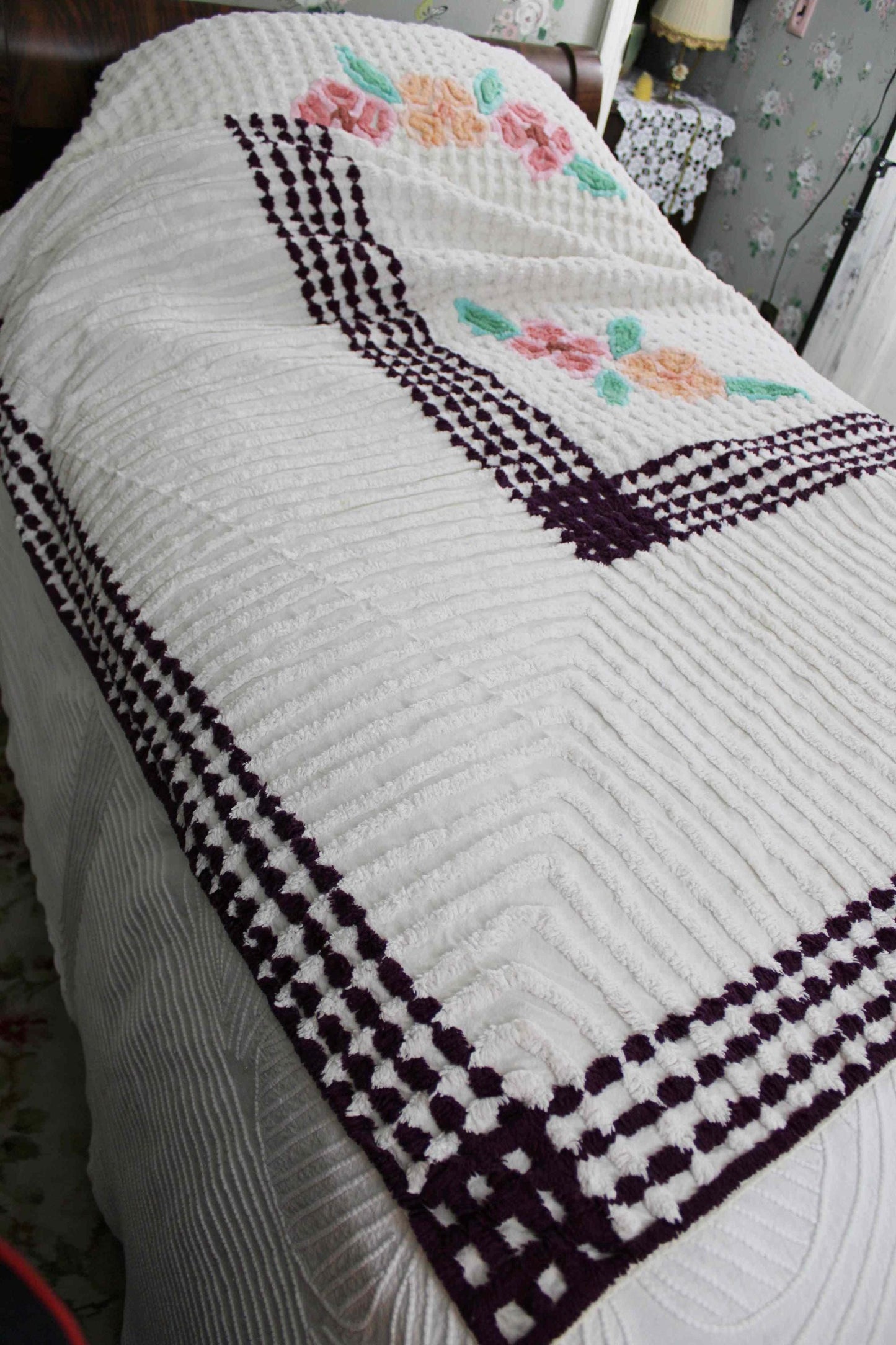 Simple Plush White Vintage Chenille Bedspread, Tropical Flowers on Waffle Tufts, Full Size