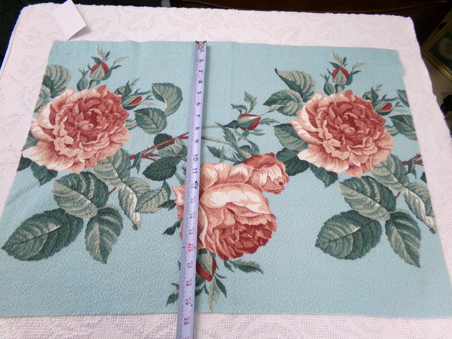 Vintage 1940s Barkcloth Fabric Aqua Blue Pink Roses Botanical Mid-Century Shabby, 18" x 26"