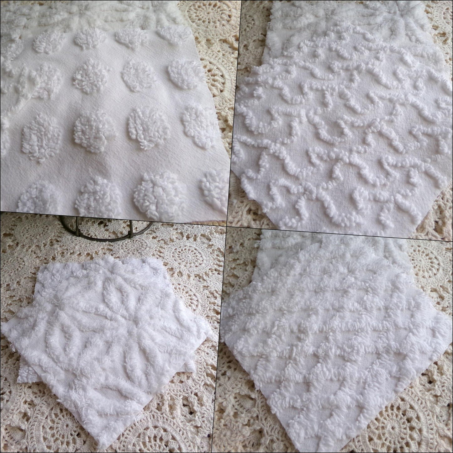 cherub feathers white chenille fabric squares, cut from vintage chenille bedspreads in popular patterns, set of 16 quilt blocks, 6" inch ea