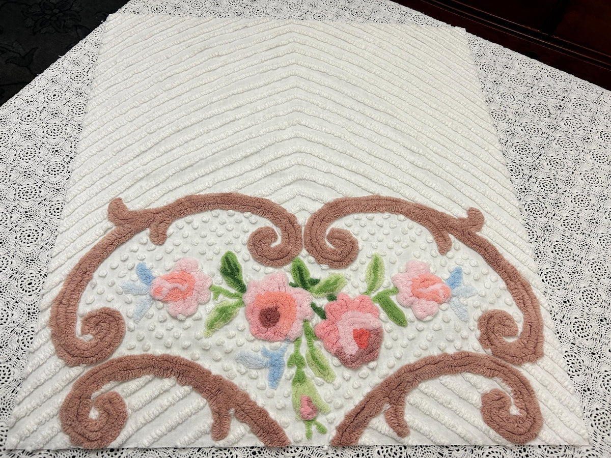 Vintage Floral Chenille Fabric, 22x24" Antique Sewing Textile