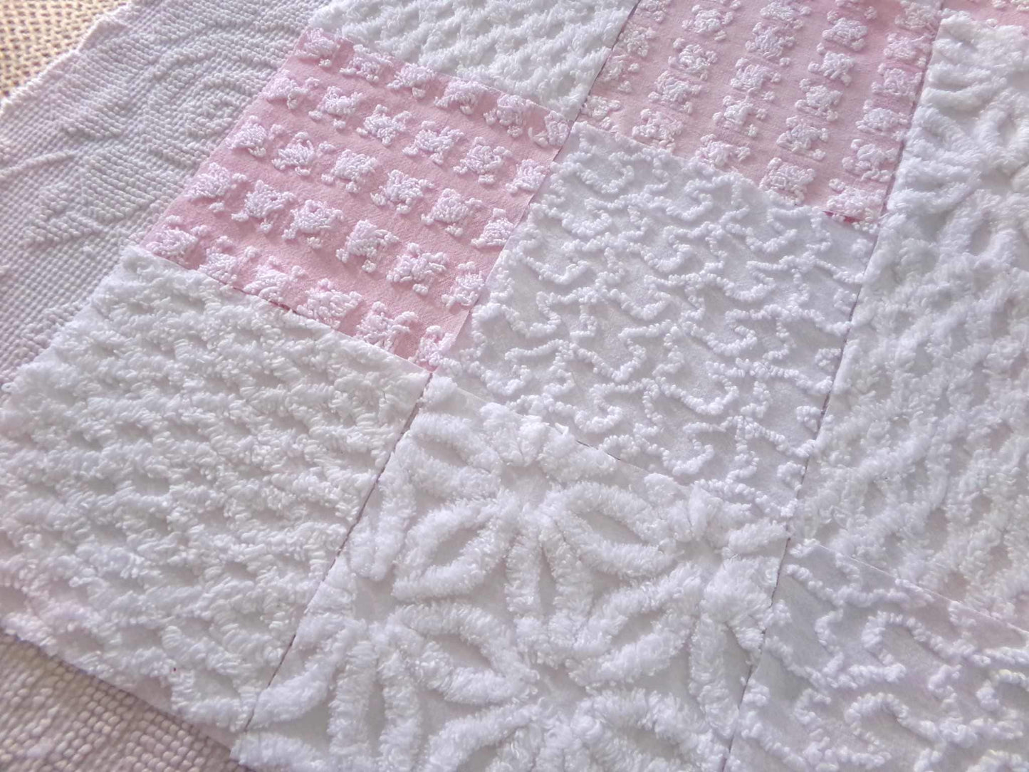 angelic vintage chenille fabric squares, set of 16 quilt blocks 6" each pink & white
