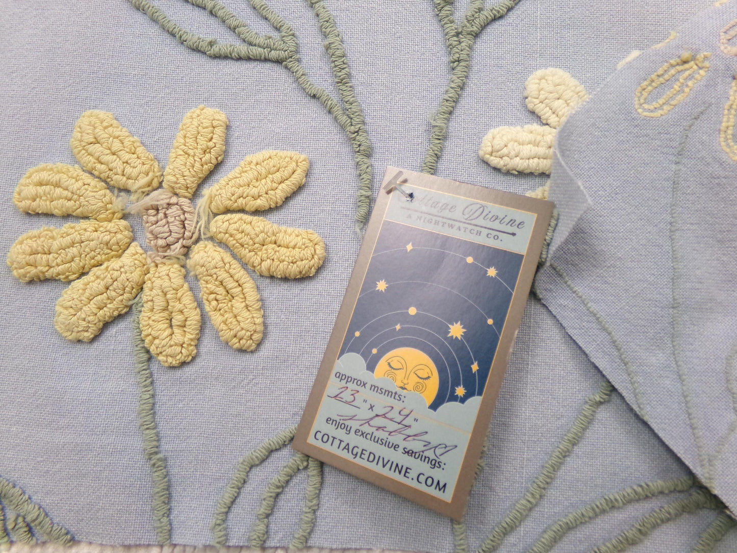Cascading Daisy Vintage Chenille Fabric, Blue Floral Sewing & Quilt Material 23" x 24" Piece