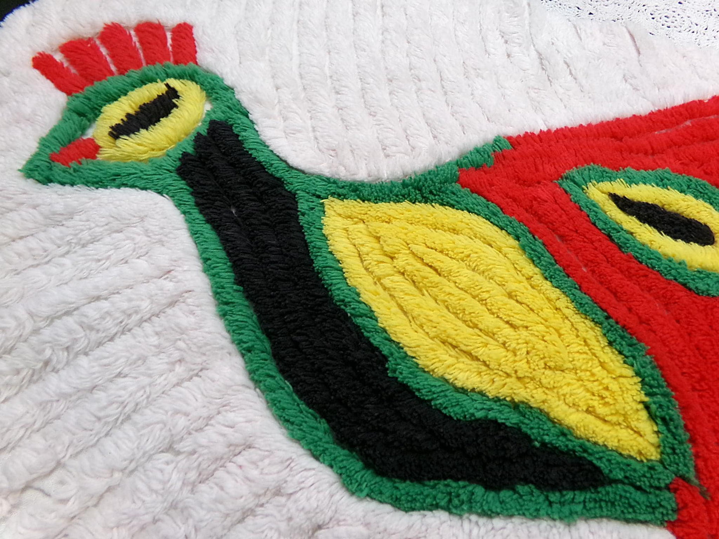 Red Peacock Vintage Chenille Fabric Piece, Plush Bird Design 13x39" Panel