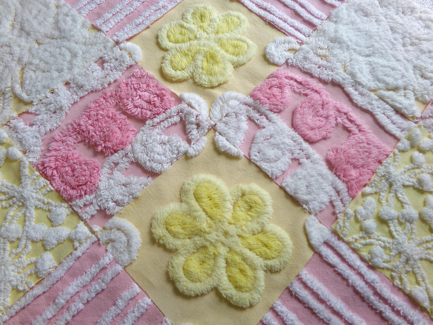 vintage chenille fabric squares, "sunshine smiles" set of 16 pink & yellow floral 6" quilt blocks for quilting, crafts, sewing