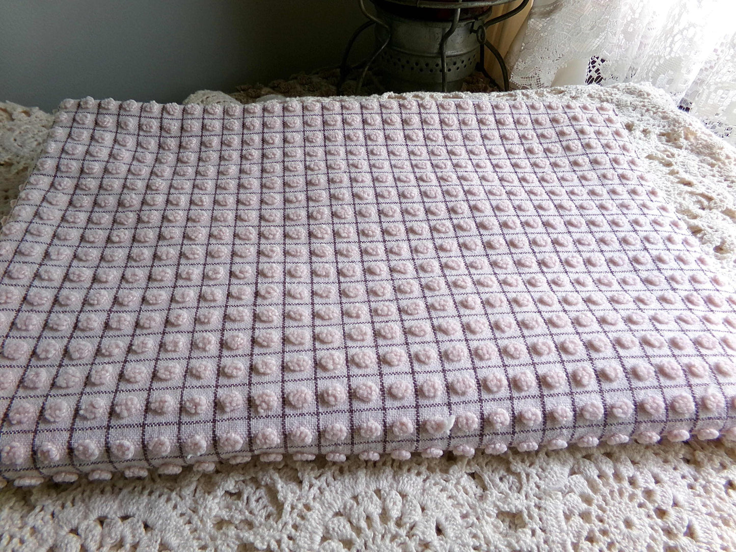 Micro Mocha Pops Vintage Chenille Fabric, Neutral Chocolate Grids, 24" x 20" Piece, Cute material for quilts, pillows, bags, doll clothes