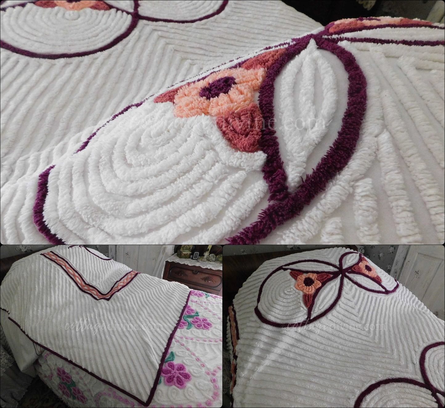 optic white mod floral vintage chenille bedspread, full size farmhouse style bedding