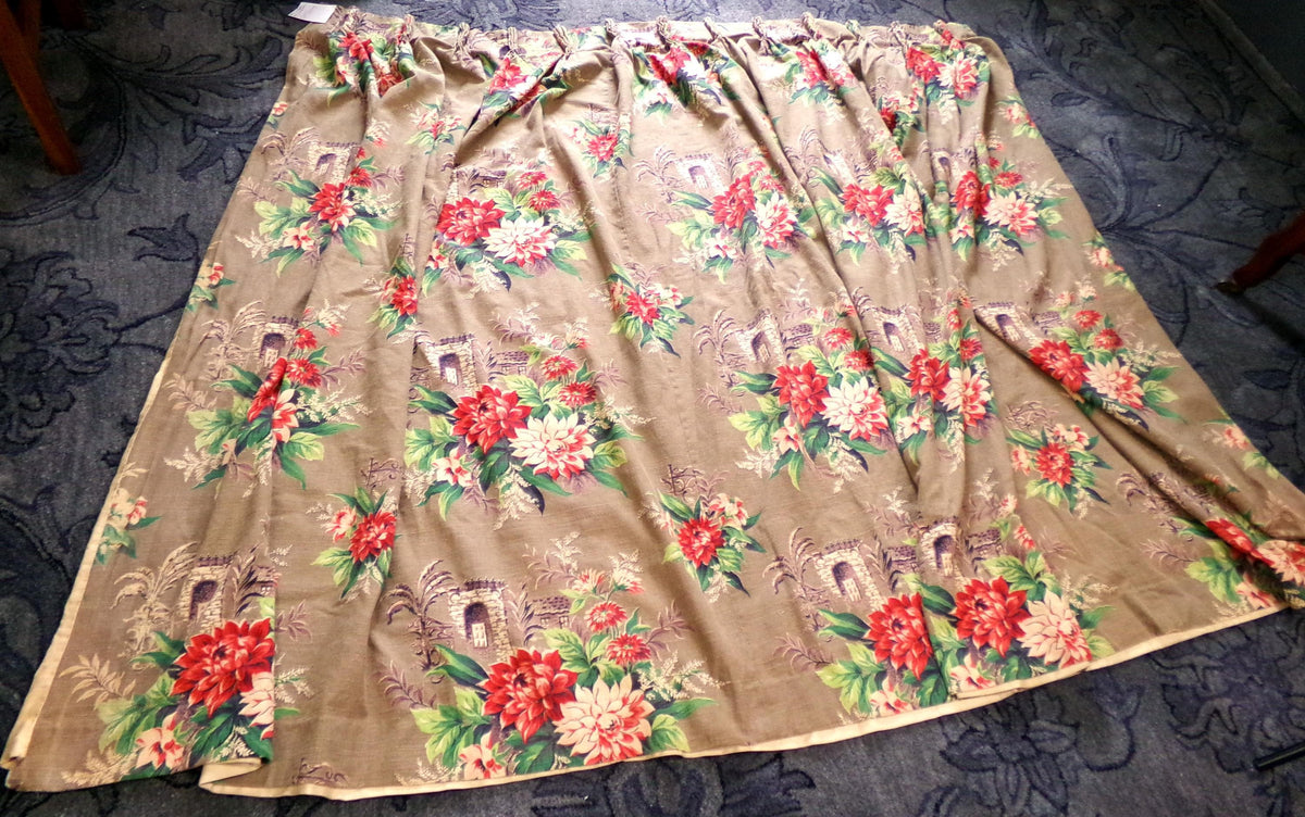 Vintage Barkcloth Drape Panel, SINGLE Wide Window Curtain, Hidden Garden Fabric, 59"L Pinch Pleat