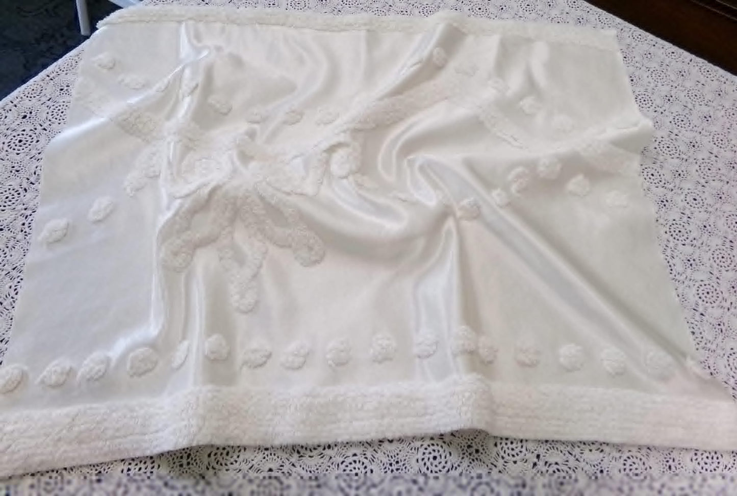 Vintage White Satin Chenille Bedspread Fabric, Shabby Chic 19x25" Piece