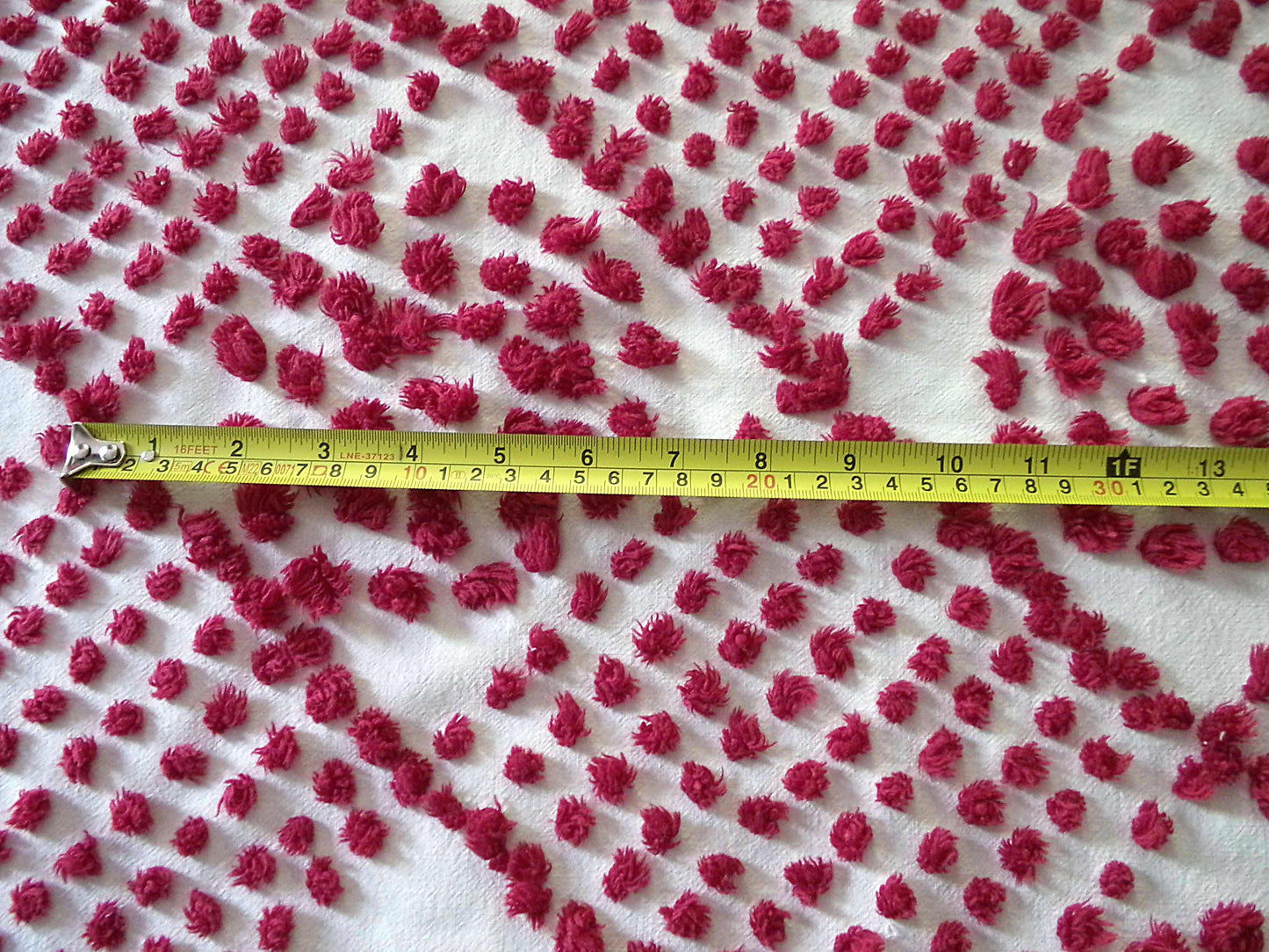 Magical "Ruby Slippers" Red Antique Chenille Fabric, 21" x 26" inch Piece, Vintage Handtuft Diamond Circle Puffs in Red Wine on White Cotton