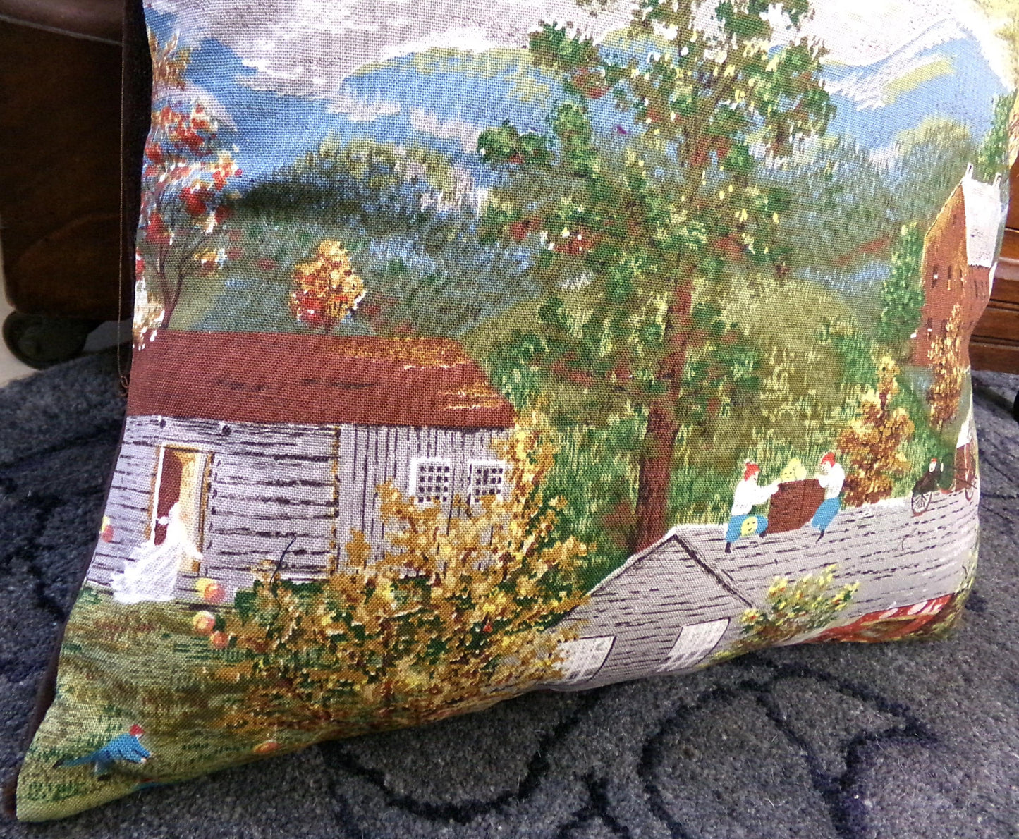 Vintage Barkcloth Pillow Grandma Moses Halloween Folk Art w/ Velvet Back Handmade Americana