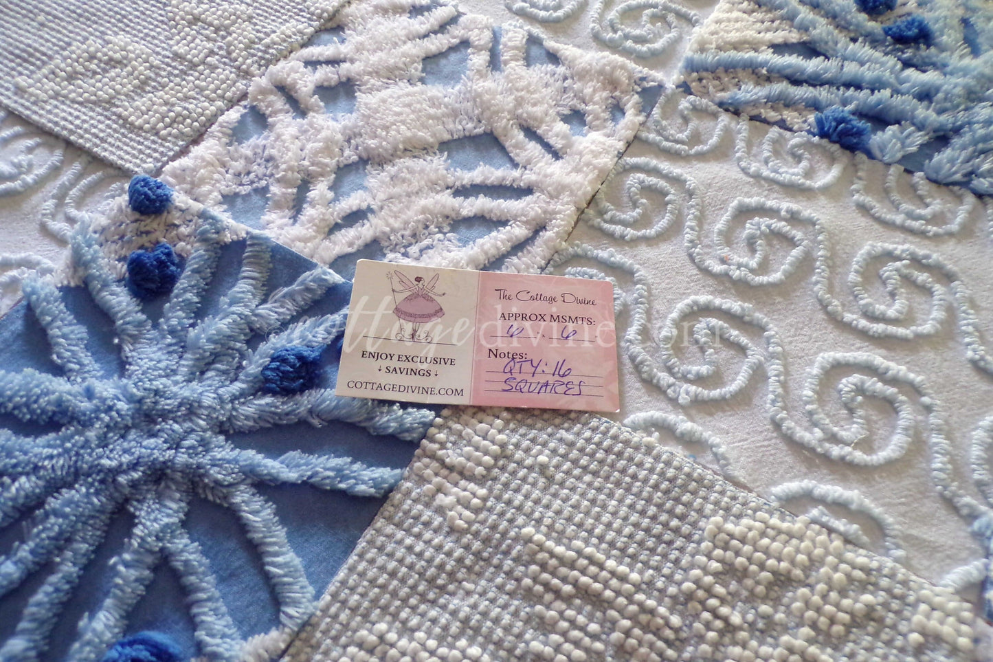 Boho Blues Vintage 6" Chenille Fabric Squares Set of 16 Quilt Blocks