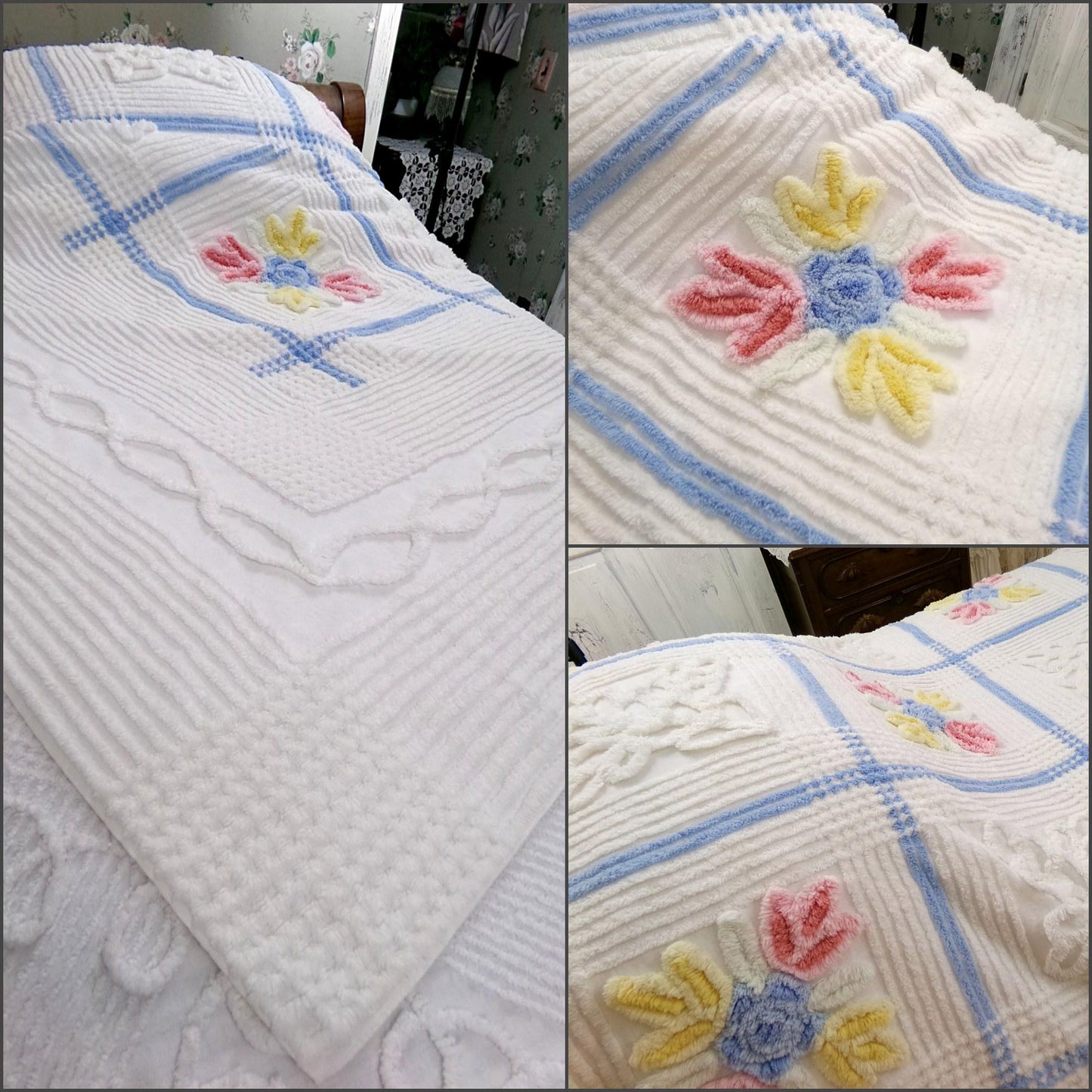 Vintage Full Size Chenille Bedspread | Country Beach Cottage | Coastal Farmhouse Decor | Cotton Seaside Chic Bedding | Beach House Style