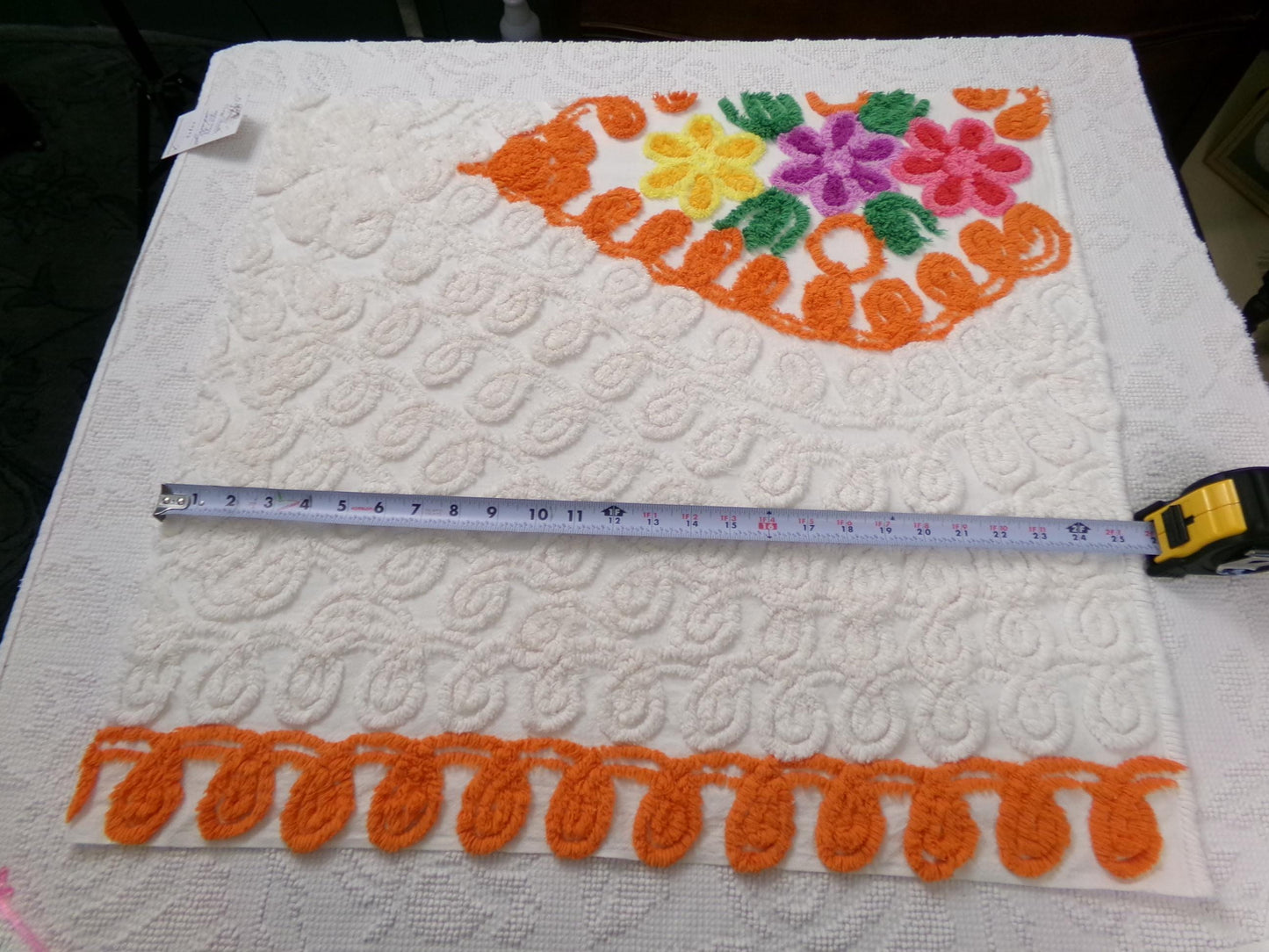 orange & white vintage chenille bedspread fabric, abstract swirl floral design, 25" x 23"