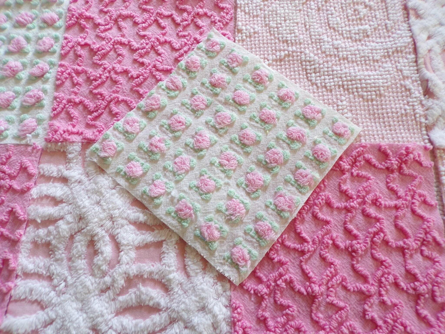 Must Love Pink Chenille Quilt Squares Set from Vintage Bedspread Fabric, 16 Blocks, 6" inch