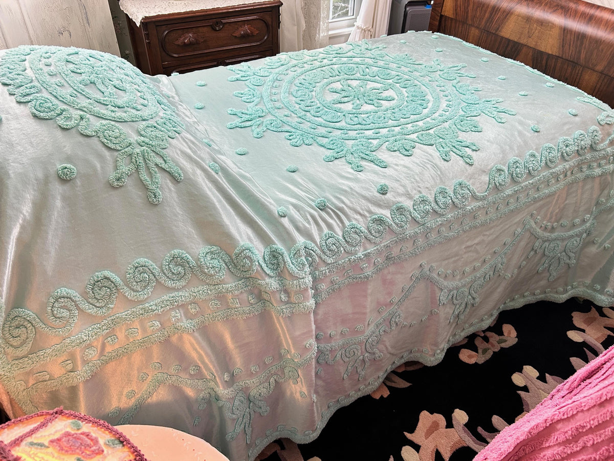 Seafoam Vintage Satin Bedspread Aqua Glamour Tufted Chenille Full Sz