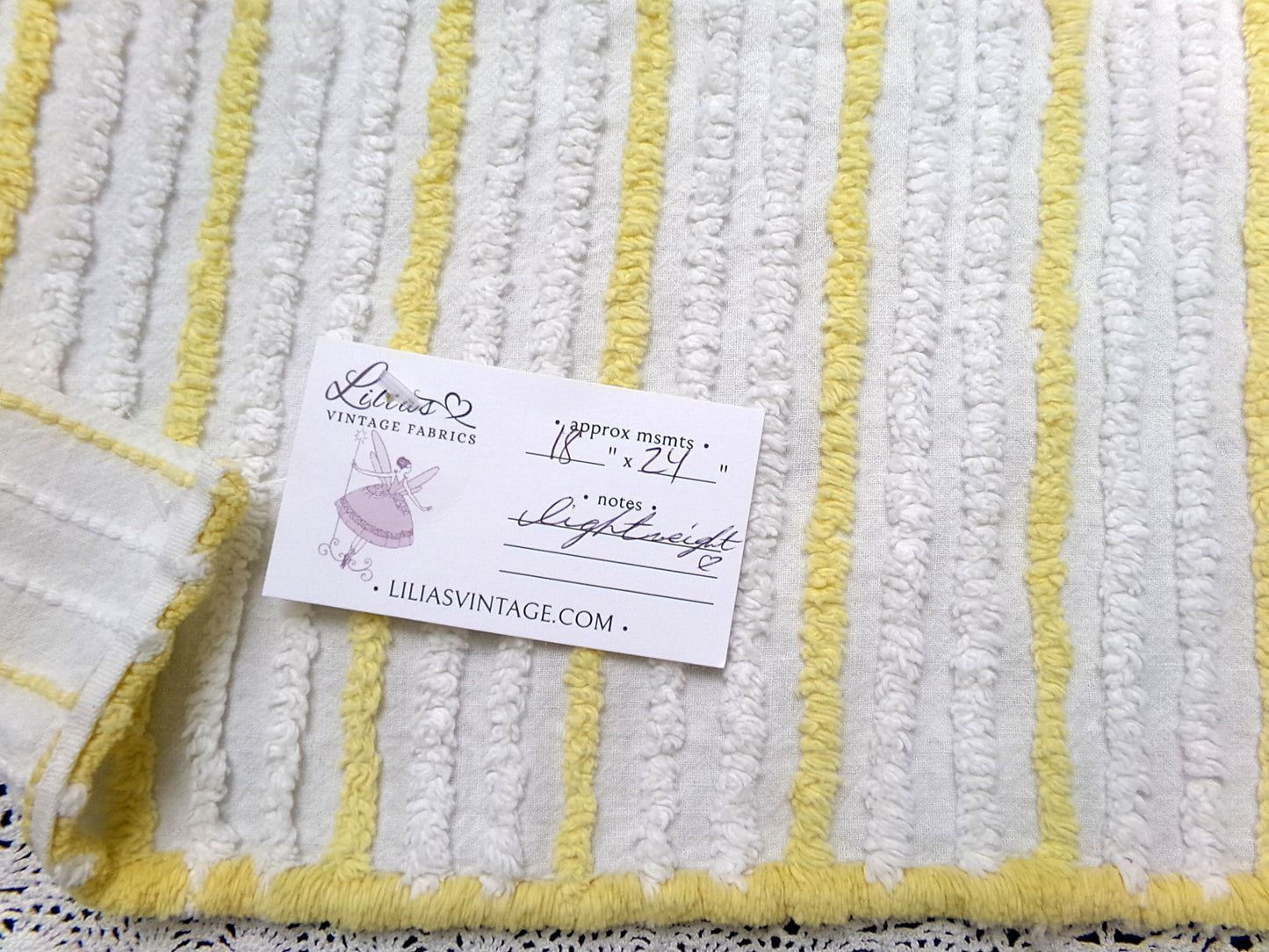 Yellow White Stripe Vintage Chenille Bedspread Fabric quilt material 18" x 24"