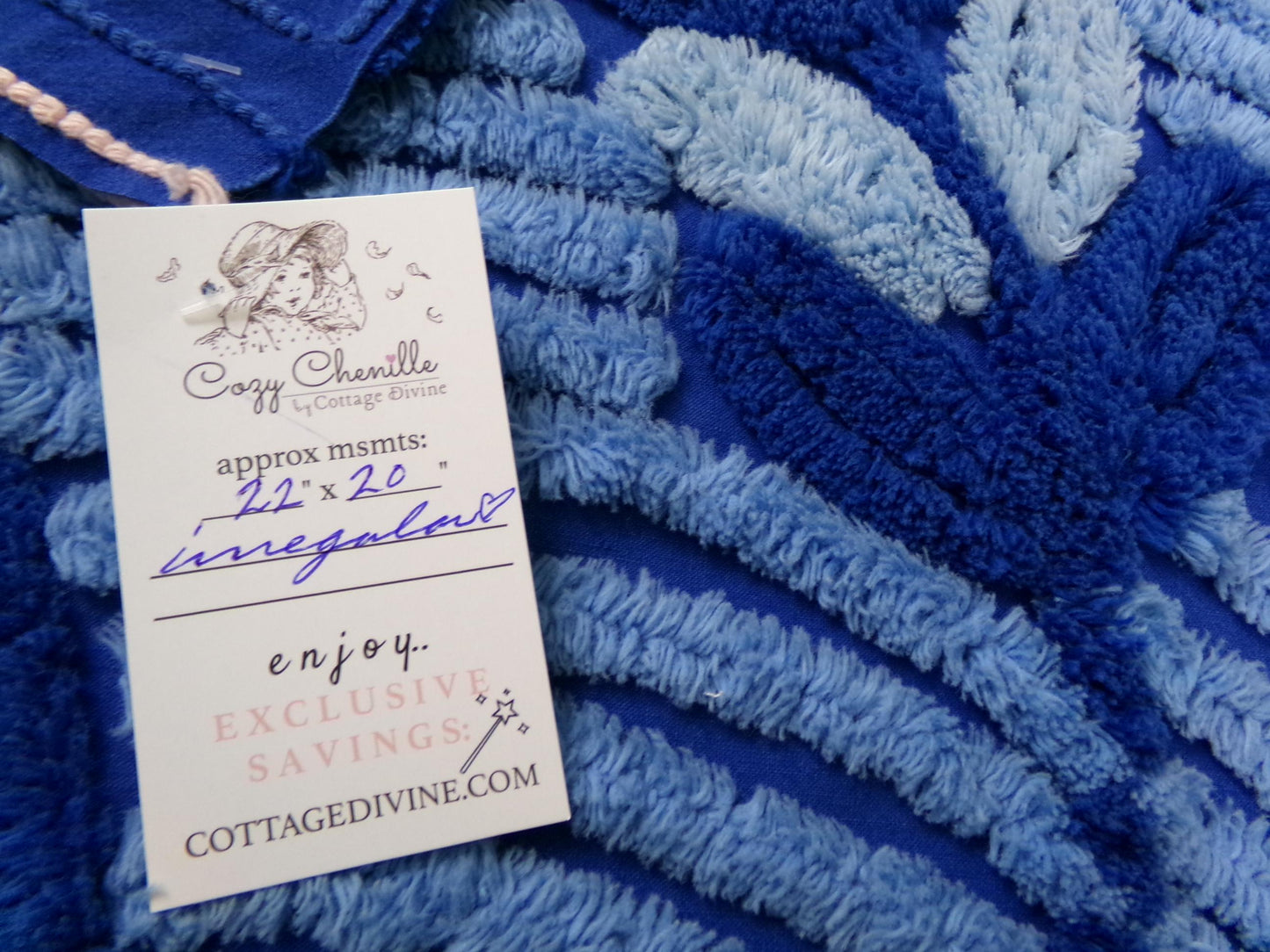 celestial blue vintage chenille bedspread fabric, plush abstract deco tufting, 22" x 20" piece