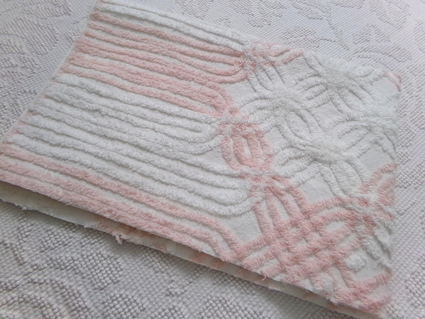 Pink & White Vintage Chenille Fabric, geometric craft quilt material, 27" x 19"