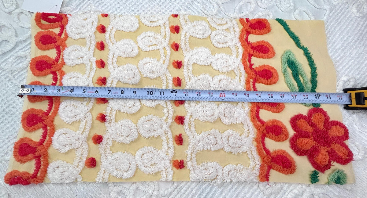 Happy Yellow Vintage Chenille Bedspread Fabric, Boho Red Flower Curlicues 13x25"