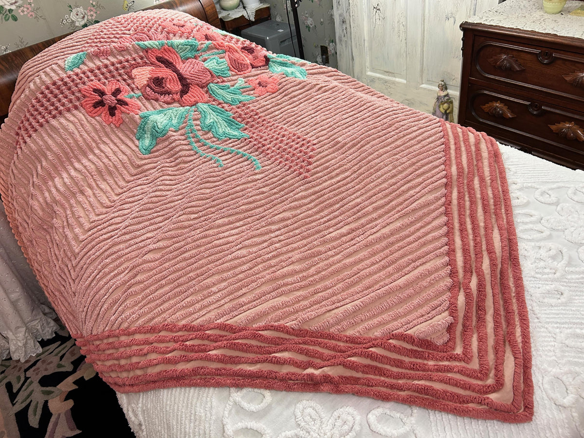 Vintage Chenille Bedspread Twin Dusty Pink Aqua Floral Bouquet Cottage Shabby