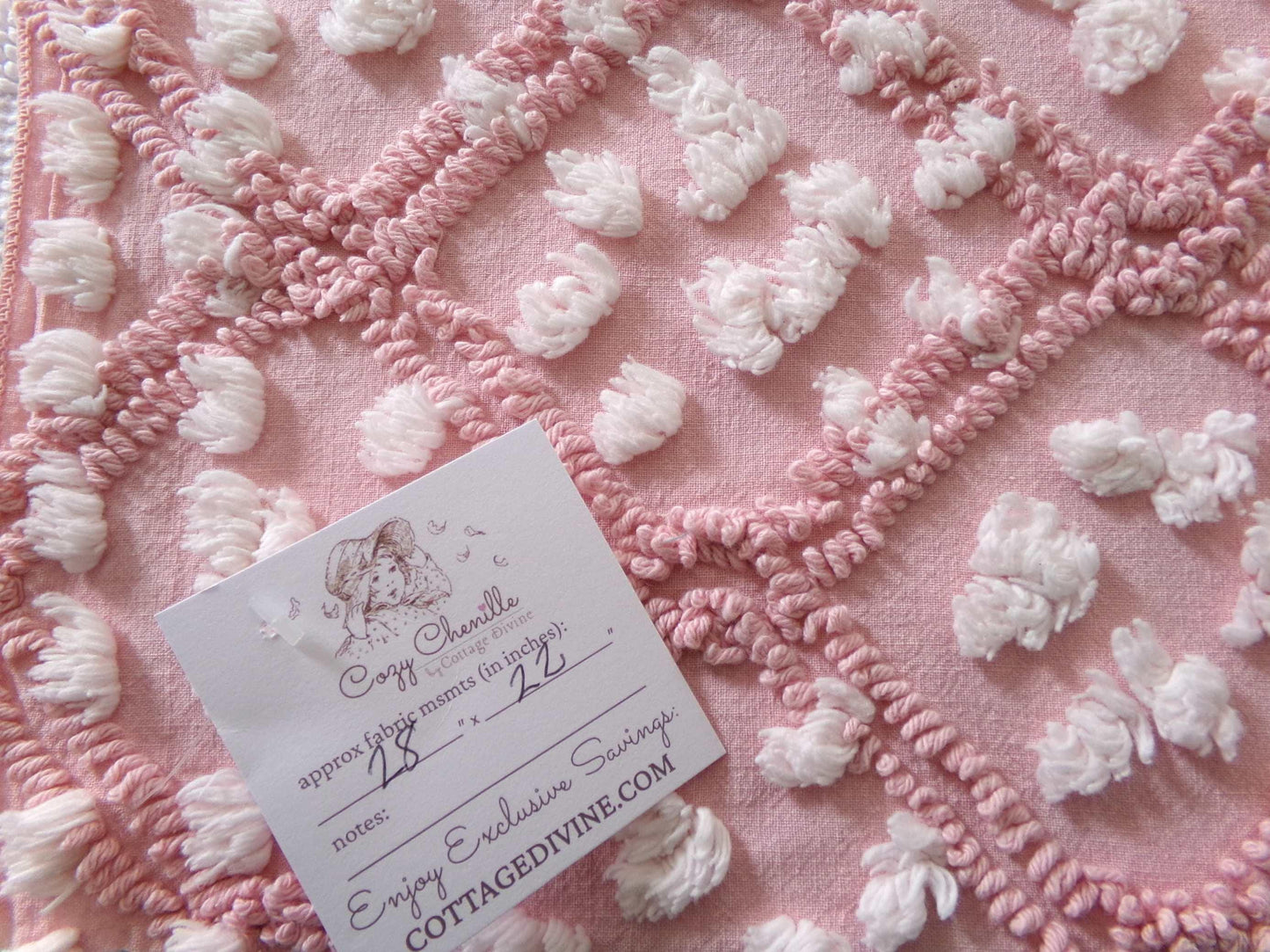 rose pink vintage chenille fabric, tumbling block mauve & white geometric design, 28" x 22" piece sewing material