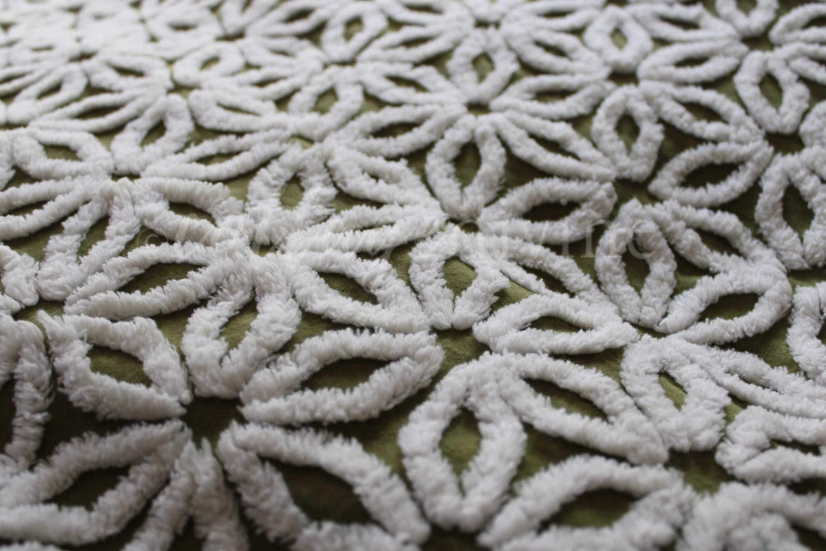 Boho Olive Green Vintage Chenille Fabric, High Contrast White Daisy 18x24" Pc