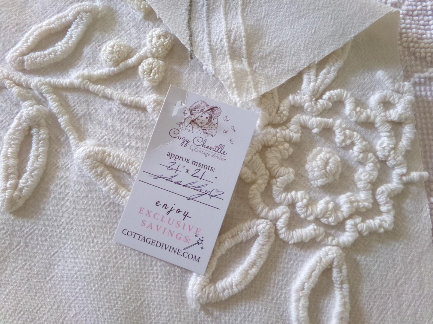 shabby chic chenille fabric, lovely needletuft rose floral design, 21" x 21" inch piece of vintage sewing material great for a pillow cover