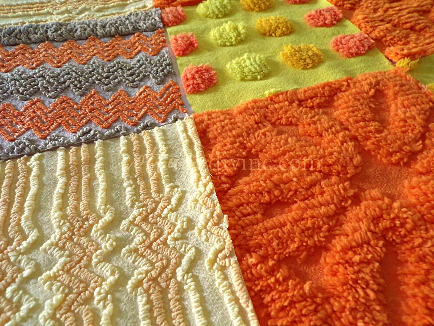 Quilt Squares Set, "Wild Lightning Zaps" from Vintage Chenille Bedspread Fabric, 16 Blocks, 6" x 6" inch