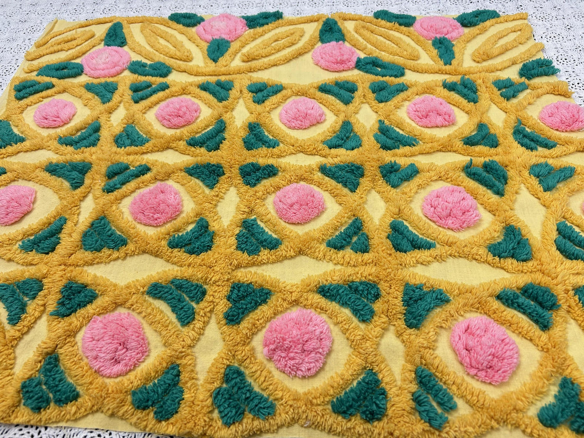 Pink Rose Vintage Chenille Fabric, Yellow Gold 18x23" Piece