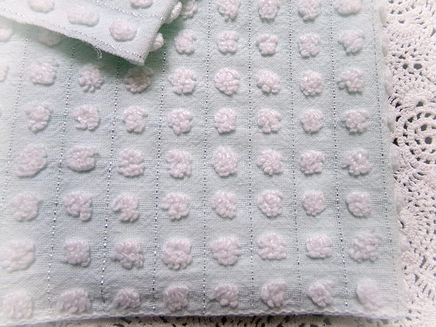 vintage chenille bedspread fabric cool aqua white pops silver lurex 18x24"