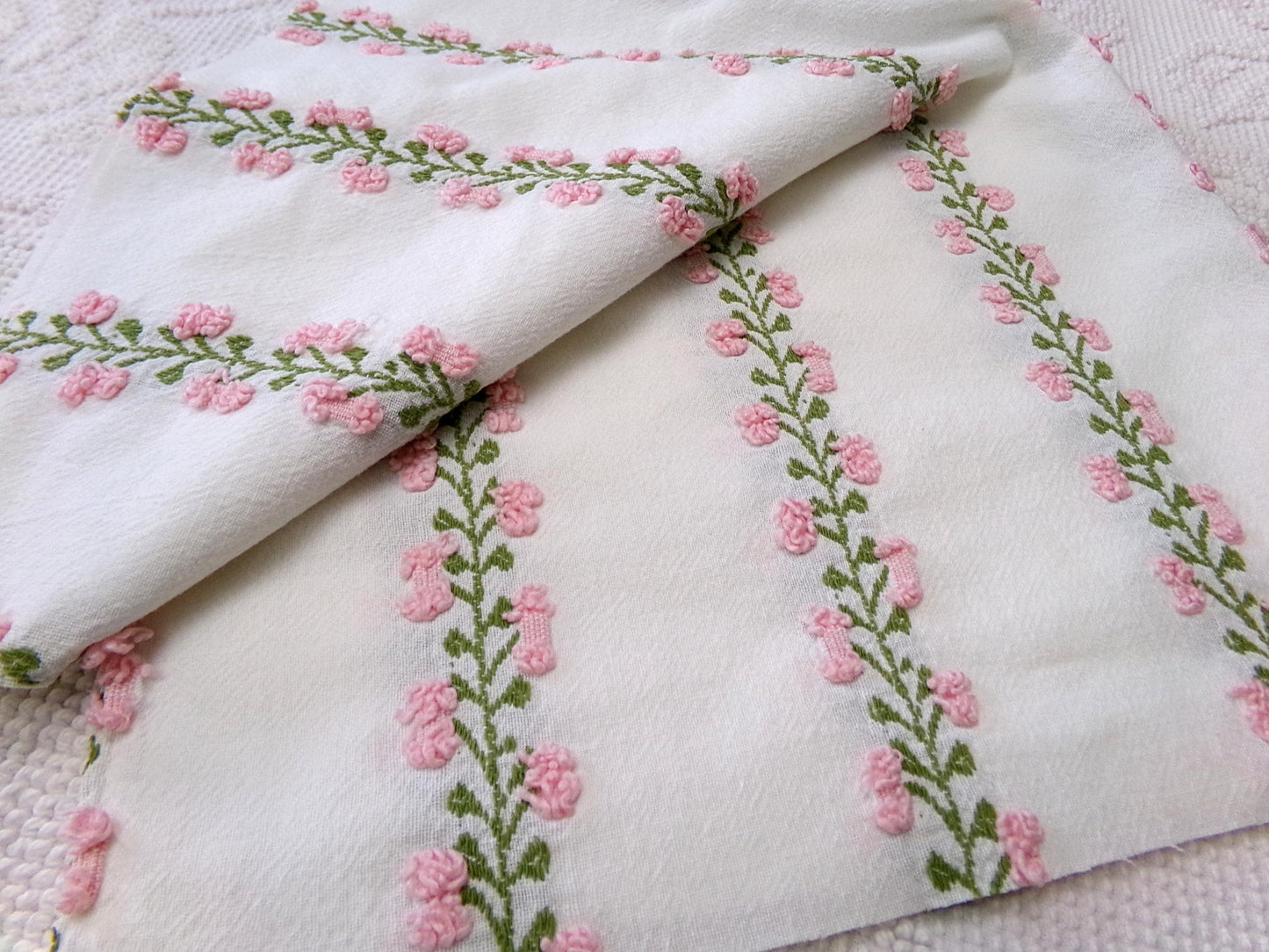 Vintage Rosebud Chenille Fabric, Pink Ivy Rose Design, 18" x 24" Piece of Lightweight Cotton Sewing & Quilting Material