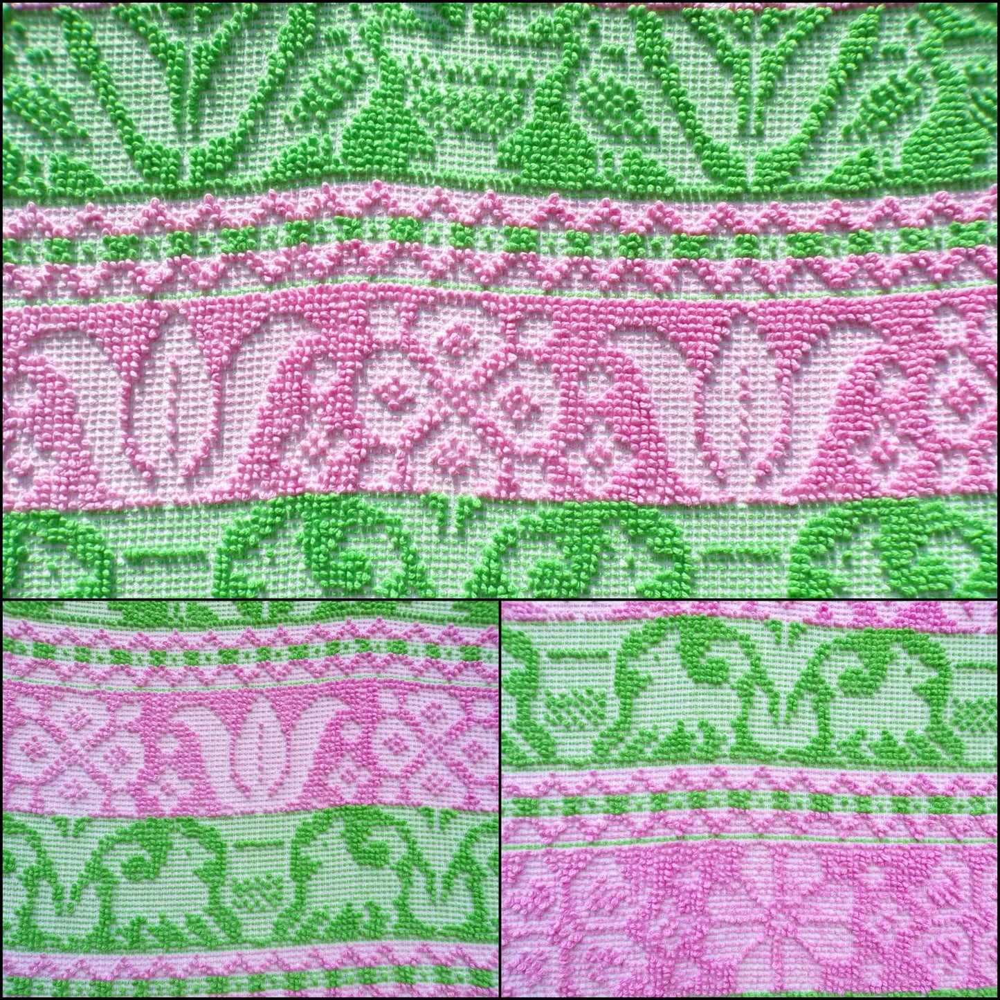 Boho Vintage Bedspread, Woven Chenille Folk Art Pink & Green Hobnail w/ Fringe, Twin Sz