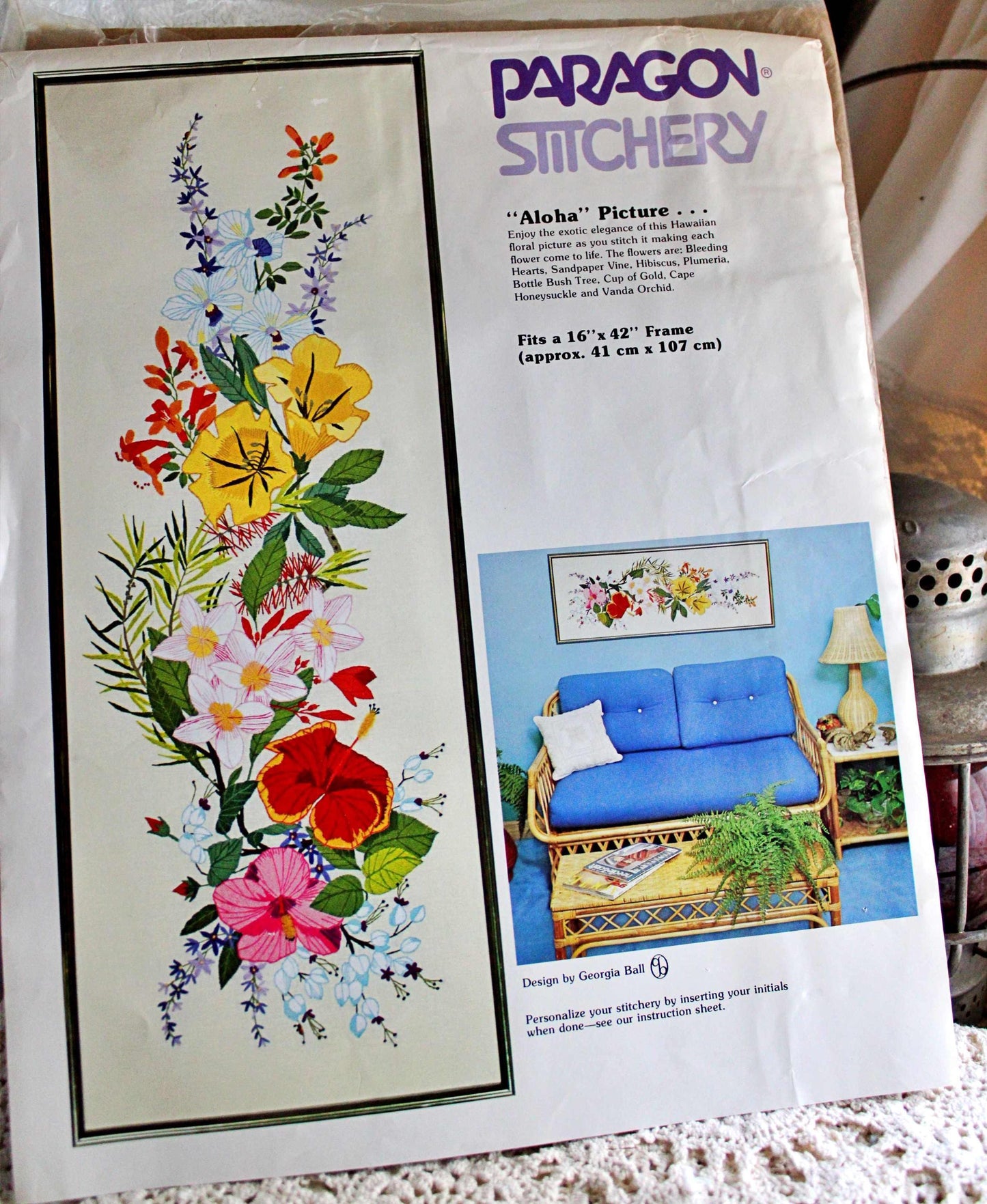 Hawaii ALOHA Crewel Embroidery Kit Vintage Paragon Stitchery 0101 Large Tropical Floral Wall Hanging