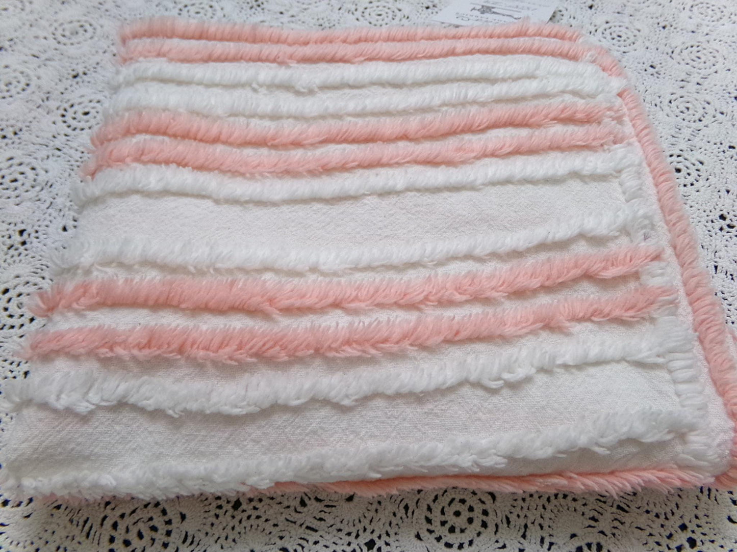 vintage chenille bedspread fabric summer peach & white stripes 15.5x29"