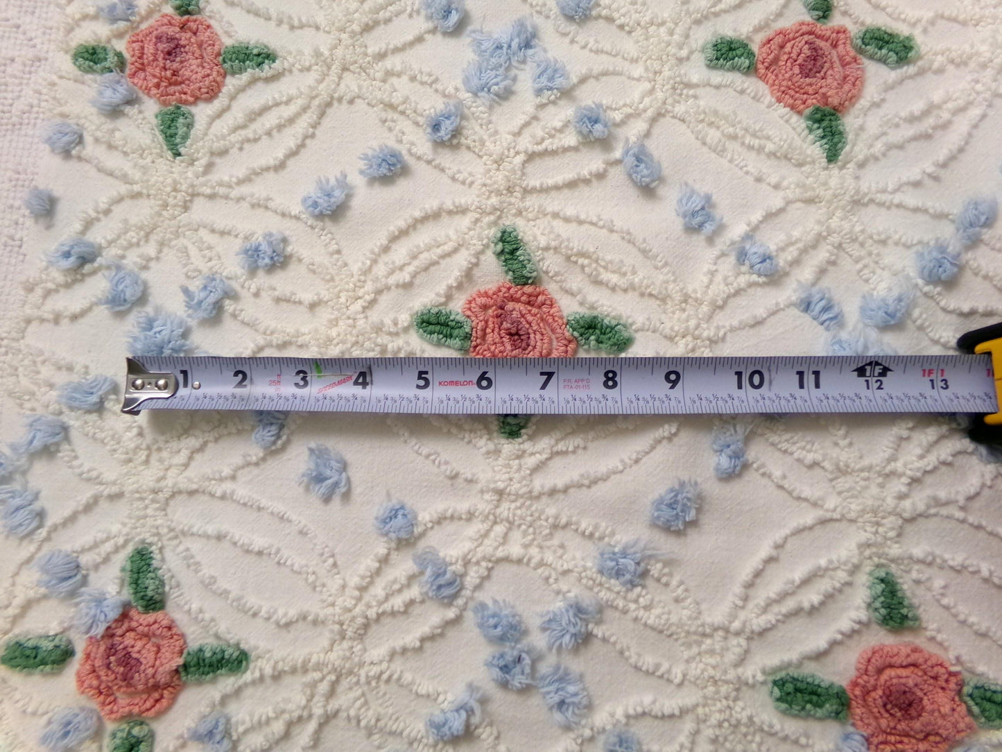 Pink Roses in Winter Vintage Chenille Bedspread Fabric, Romantic 22" x 20" Piece Sewing Material