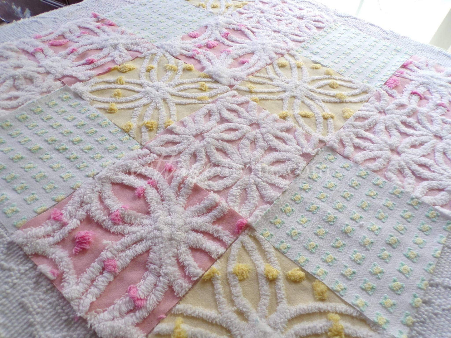 Vintage Chenille Fabric Squares: Springtime Pink & Yellow Set of 16 Quilt Blocks, 6" each