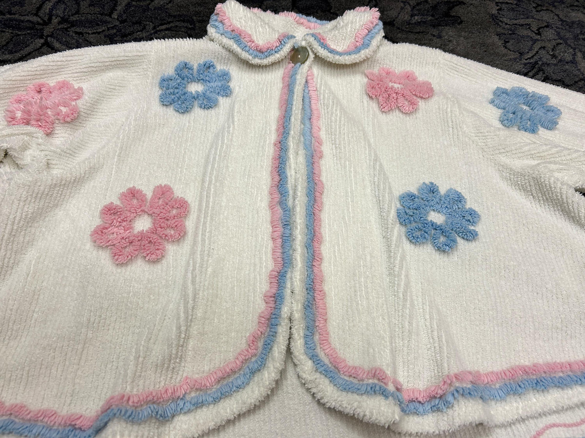 Vintage Chenille Bed Jacket White with Pink & Blue Flowers, Women’s L, XL