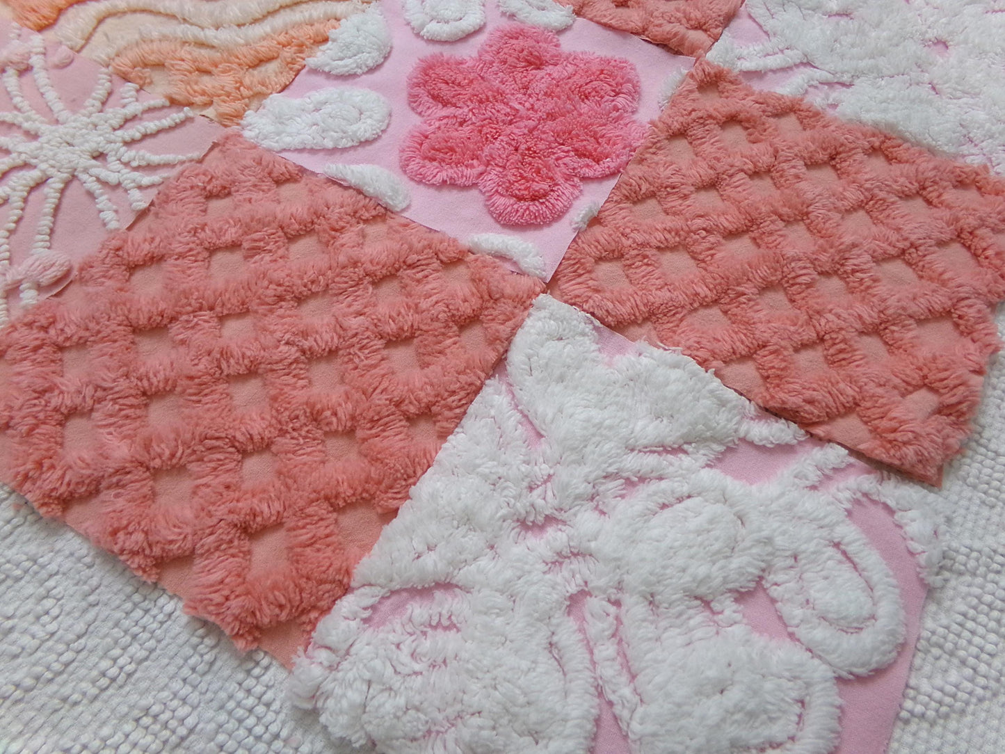 Strawberry Peach Vintage Chenille Fabric Squares Set, 16 Quilt Blocks, 6" x 6" inches each, for Quilting, Sewing, DIY Pillows