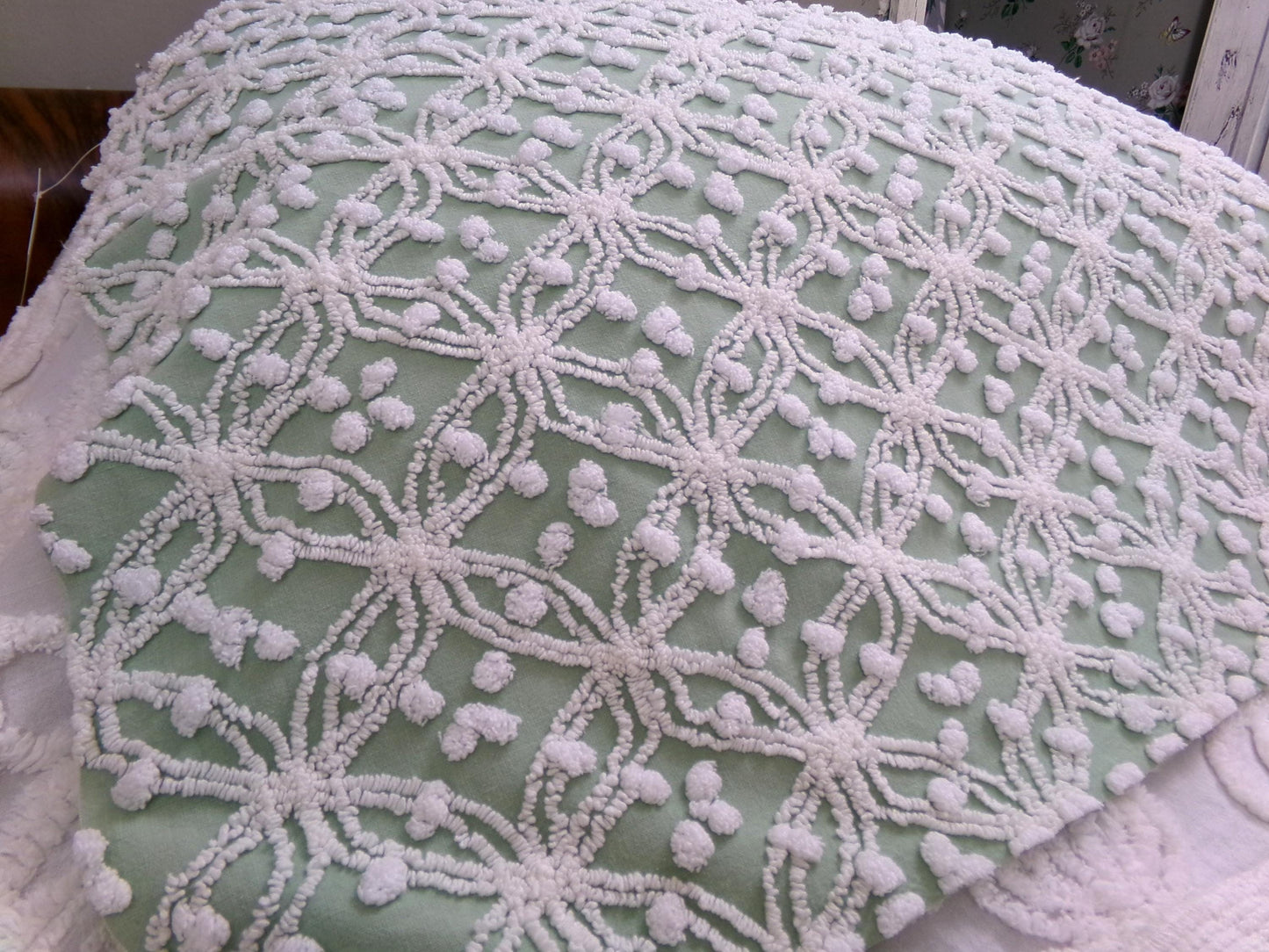 Grassy Sage Green Vintage Chenille Fabric in Wedding Ring Pop Raised Textured Design, 18" x 24" Piece Sewing & Quilt Material