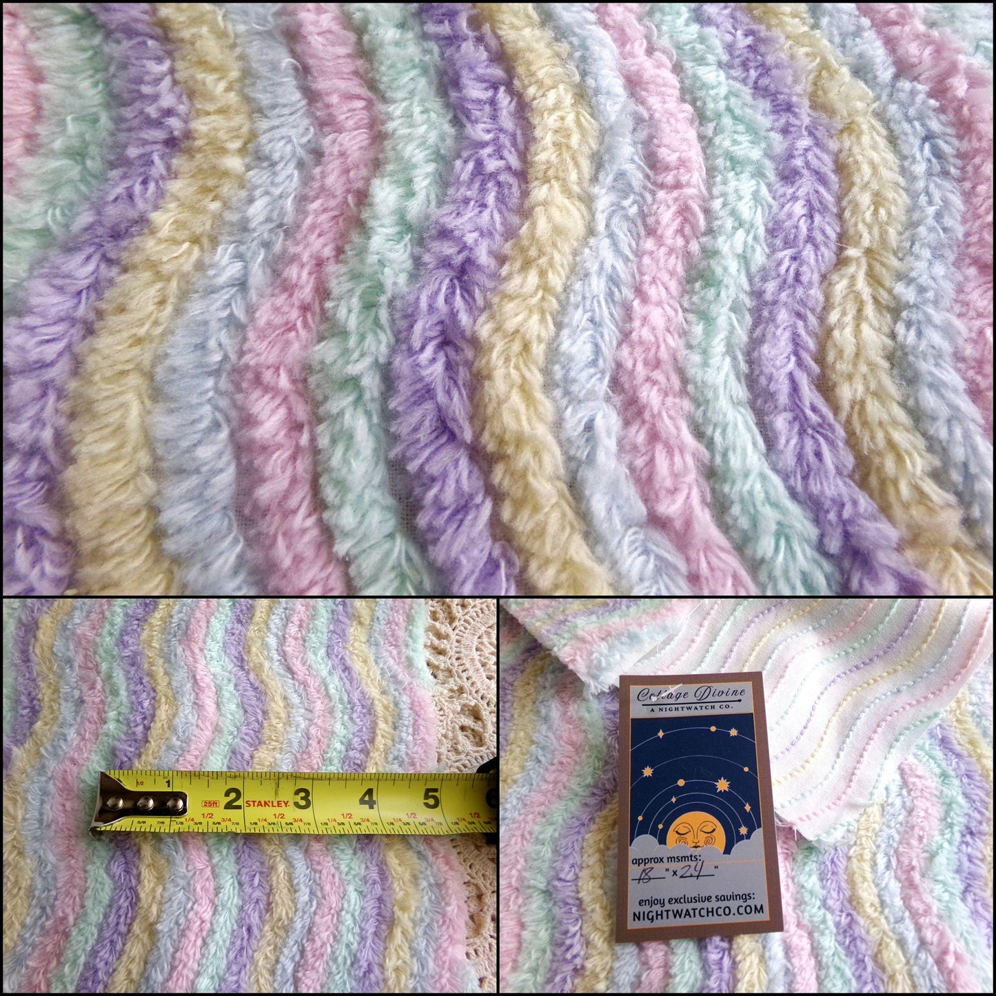 Pastel Rainbow Striped Chenille Fabric, Vintage Lilac, Yellow, Mint Green, Sky Blue & Pink Ripple 18" x 24" piece, sewing quilt material
