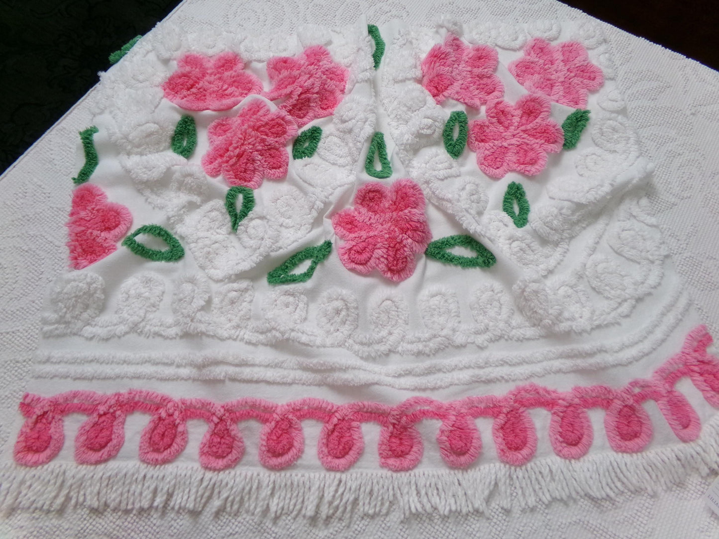 Pink White Floral Vintage Chenille Bedspread Fabric Sewing & Quilt Material 20" x 26"